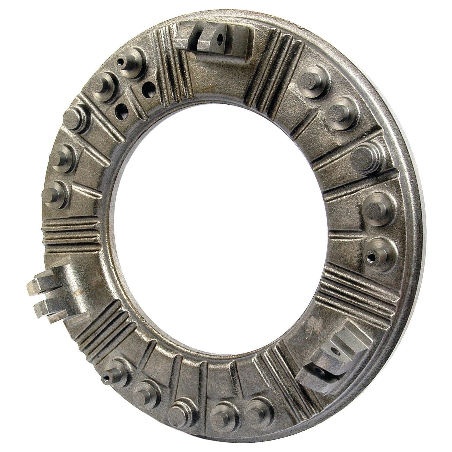The Clutch Pressure Plate (Sparex Part No.S.19561) from Sparex is a circular metallic component featuring multiple bolt holes and ridges evenly distributed around its perimeter, ideal for use with Massey Ferguson tractor parts.