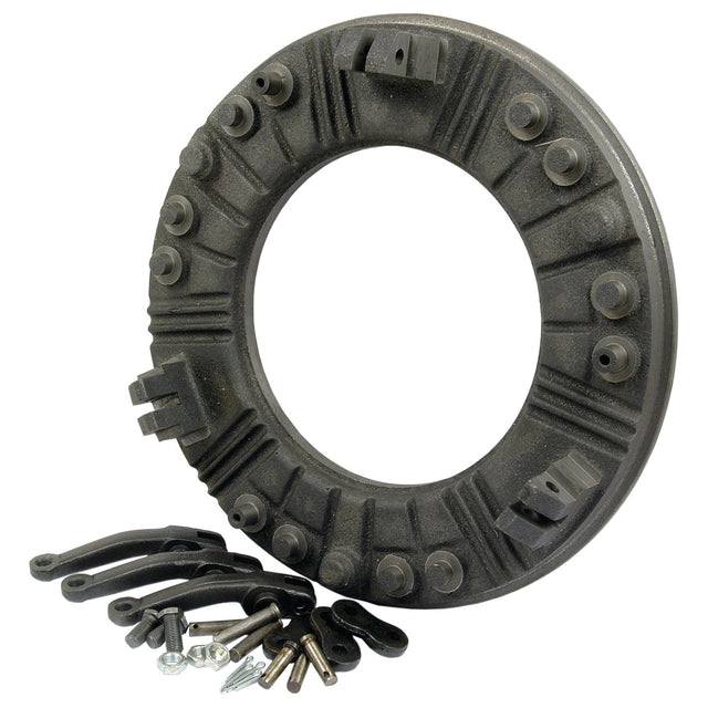 A black circular metal part with multiple screws and brackets, resembling the Sparex Clutch Cover and Finger Kit (Part No.S.19566), is laid out on a white background.