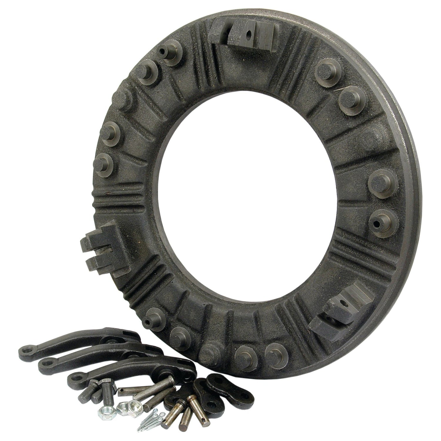 The Clutch Cover and Finger Kit (Sparex Part No. S.19566) by Sparex, featuring a large, round black metal component adorned with various bolts and brackets, along with additional loose bolts and metal pieces in the foreground, evokes the robust engineering synonymous with Massey Ferguson machinery.