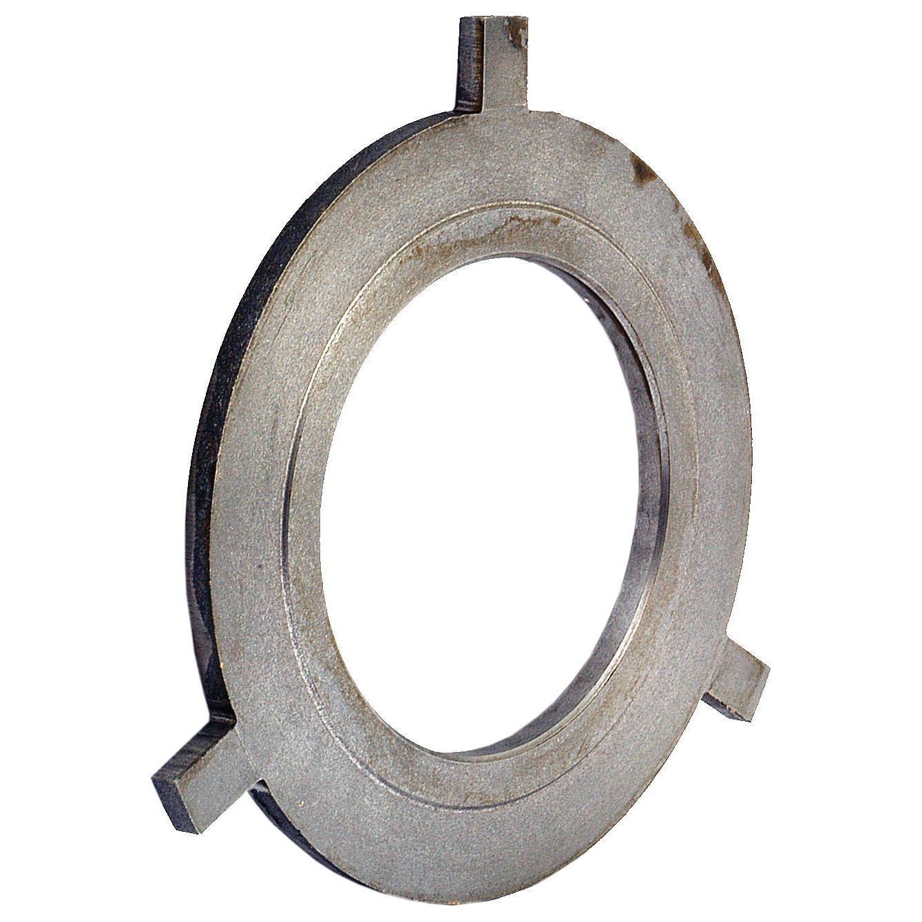 The Sparex Clutch Pressure Plate (Part No. S.40709) is a metal thrust washer with two tabs, featuring a circular inner opening and a textured surface, designed for use in Massey Ferguson pressure plate assemblies.