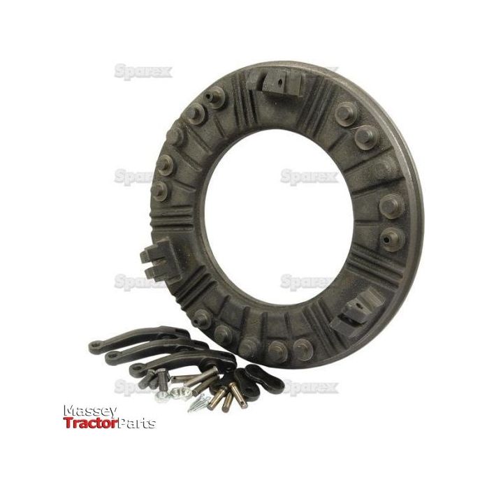 A heavy-duty Sparex clutch part, specifically the Clutch Cover and Finger Kit (Sparex Part No. S.19566), is showcased with its components laid out below it against a white background. The words "Massey Tractor Parts" and "Spares" are partially visible in the image.