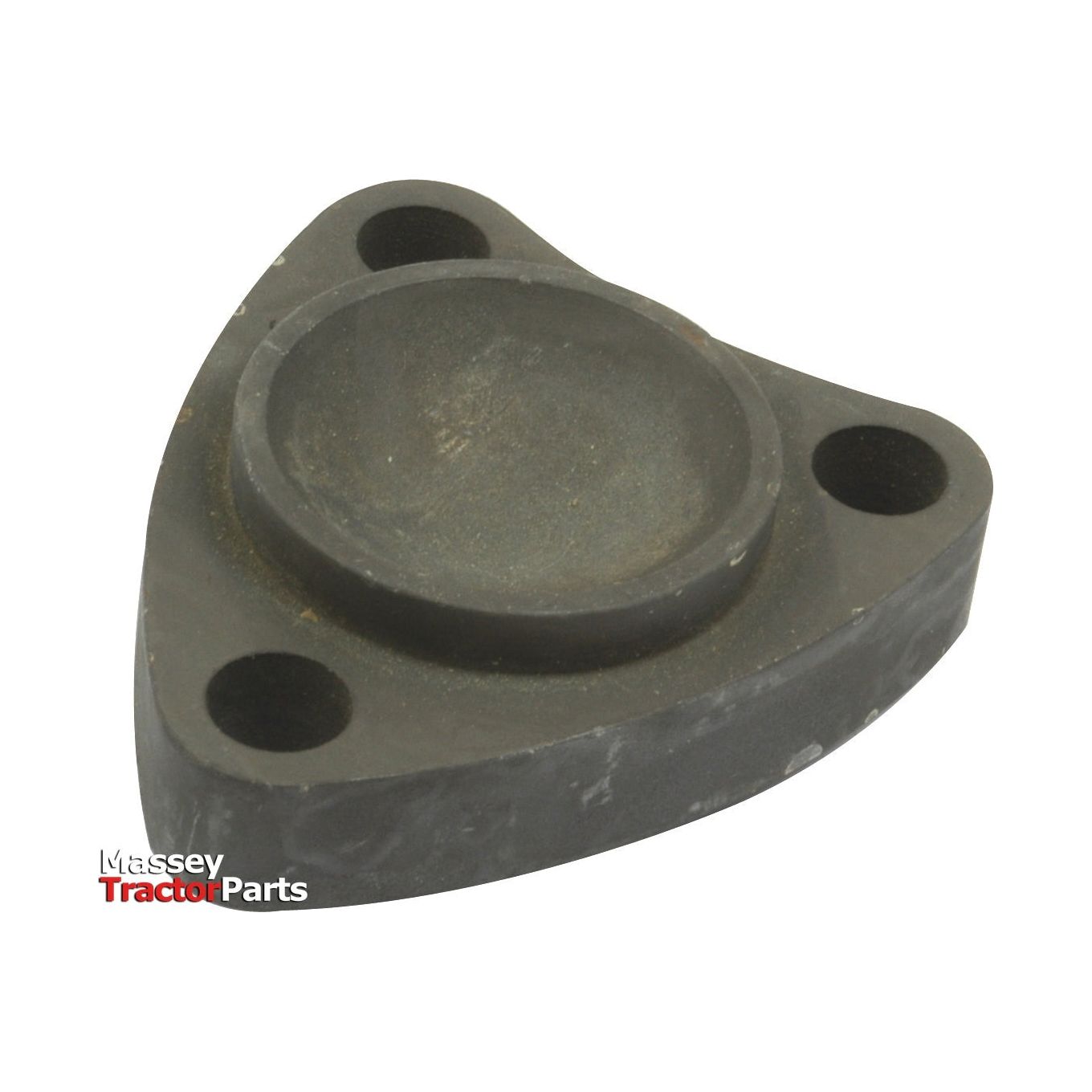 A triangular, black metal part with three holes and a central raised circle. Text reads, "Massey Tractor Parts." Ideal for use in combustion systems by Sparex or as a replacement chamber cap, specifically the Combustion Chamber Cap (Sparex Part No. S.41567).
