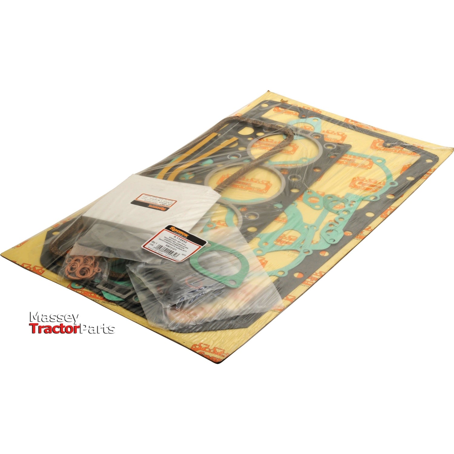 A package containing various Massey Tractor Parts, including gaskets and seals from the Sparex Complete Gasket Set (411DS), Part No. S.110932, is shown in transparent wrapping on a white background.