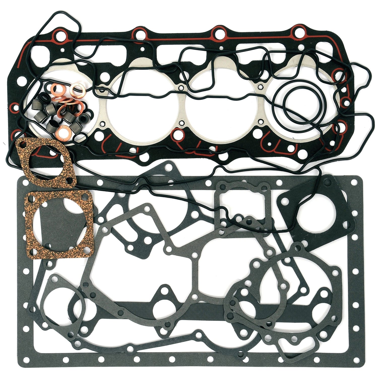 A comprehensive assortment of automotive gaskets and seals, such as head gaskets, o-rings, and copper washers, meticulously displayed on a white background. This complete gasket set is specifically designed for the Perkins 404C22 engine model and is available as the Complete Gasket Set - 4 Cyl. (404C22) | Sparex Part No.S.43912 from Sparex.
