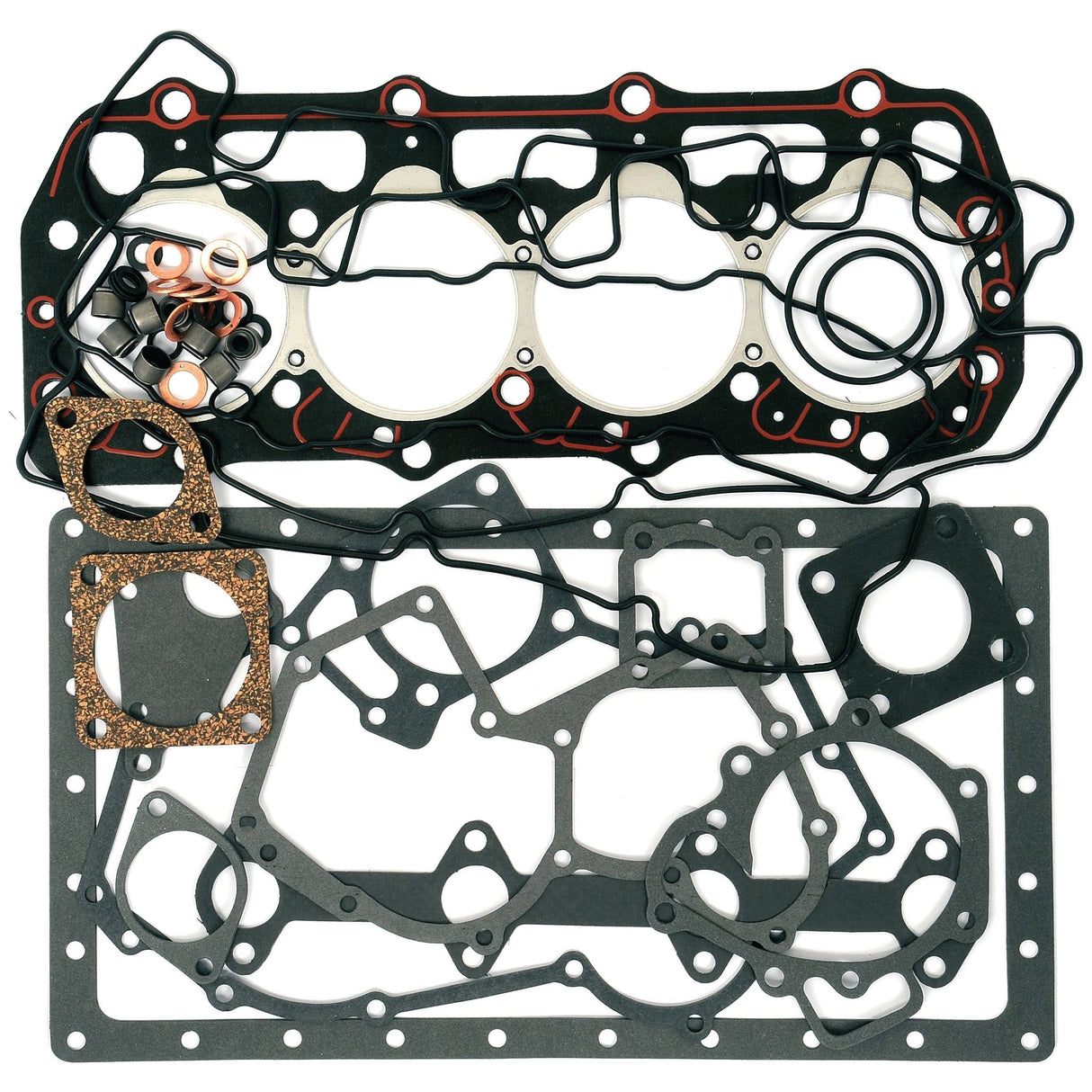 A meticulously arranged Sparex Complete Gasket Set - 4 Cyl. (404C22) | Sparex Part No. S.43912, featuring head gaskets, o-rings, copper washers, and various other automotive gaskets and seals for the Perkins 404C22 engine model, displayed on a white background.
