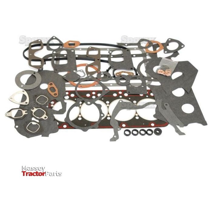 A set of various gaskets and seals arranged on a white surface, some labeled "Sparex" and suitable for Case IH. The bottom left has text that reads "Massey Tractor Parts," featuring a cylinder gasket marked for Engine Model 8045.05 from the Complete Gasket Set - 4 Cyl. (8045.05), Sparex Part No.S.62105.