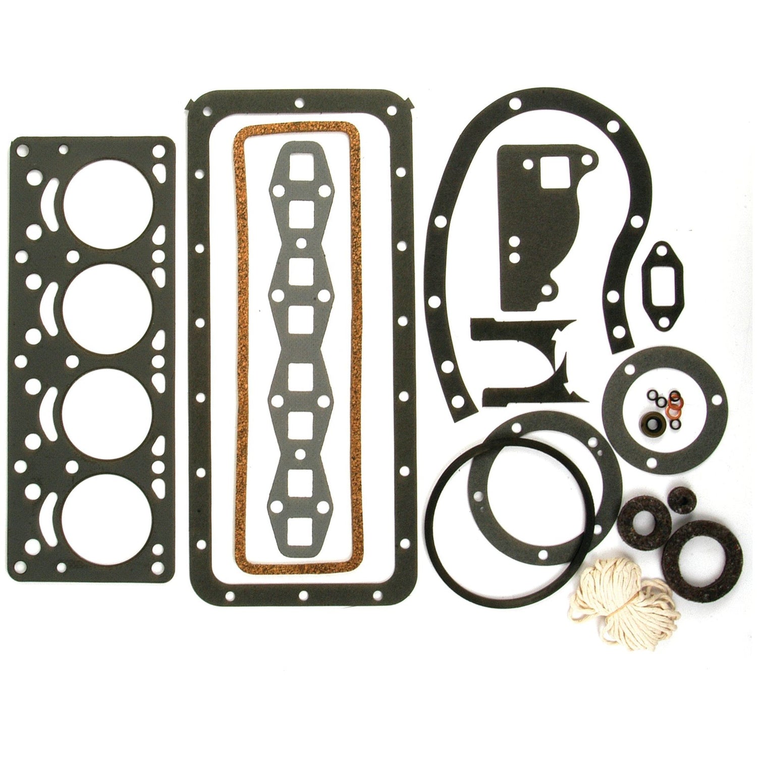 A Complete Gasket Set - 4 Cyl. by Sparex (Part No.S.61501), featuring an assortment of black rubber and cork gaskets, O-rings, and small parts, arranged on a white background, ideal for 4 Cyl Massey Ferguson engines.