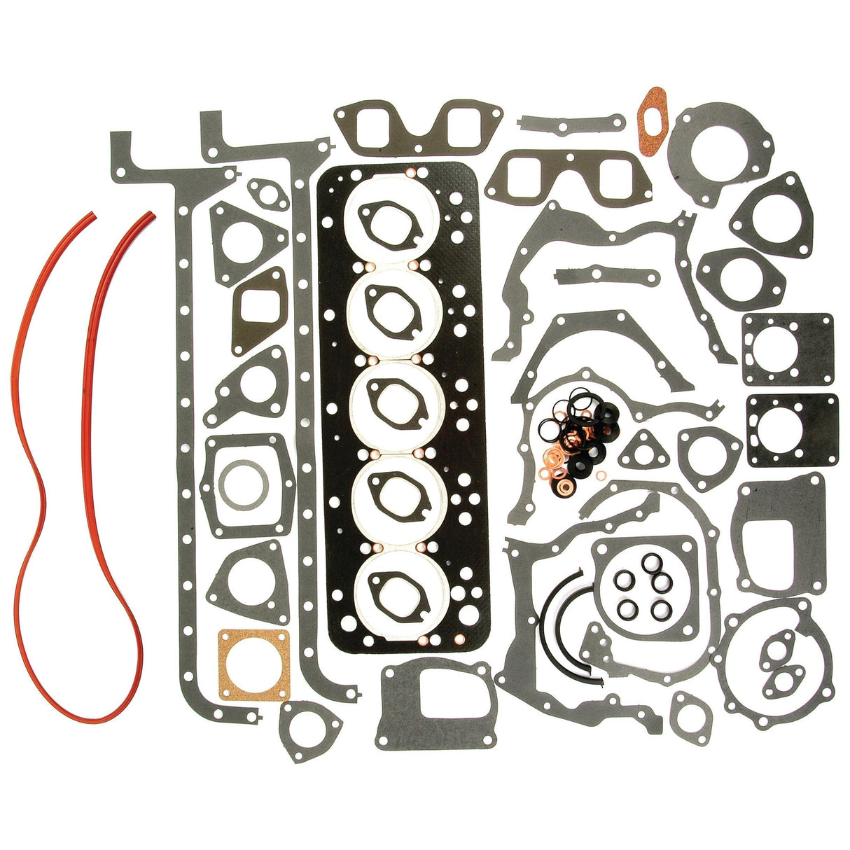 A complete gasket set for a Fiat 90-90, featuring an array of seals and gaskets tailored for a 5-cylinder engine, elegantly spread out on a white background. This is the Sparex Complete Gasket Set - 5 Cyl. (8055.04, 8055.05) | Sparex Part No.S.62107
