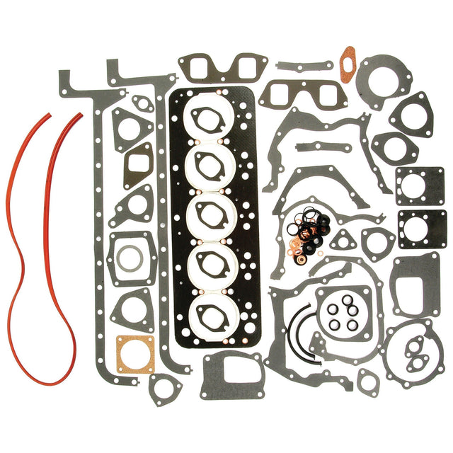 A complete gasket set for a Fiat 90-90, featuring an array of seals and gaskets tailored for a 5-cylinder engine, elegantly spread out on a white background. This is the Sparex Complete Gasket Set - 5 Cyl. (8055.04, 8055.05) | Sparex Part No.S.62107