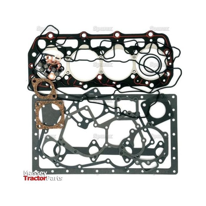 A collection of assorted gaskets and seals, including head gaskets, o-rings, and other components from the Sparex Complete Gasket Set - 4 Cyl. (404C22) | Sparex Part No.S.43912, all arranged on a white background. The image is labeled "Massey Tractor Parts.