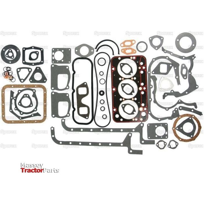A complete gasket set for machinery, laid out on a white background. This assortment includes parts for engines and other mechanical components, such as the Sparex Complete Gasket Set - 3 Cyl. (8035.02, 8035.06) | Sparex Part No.S.62080