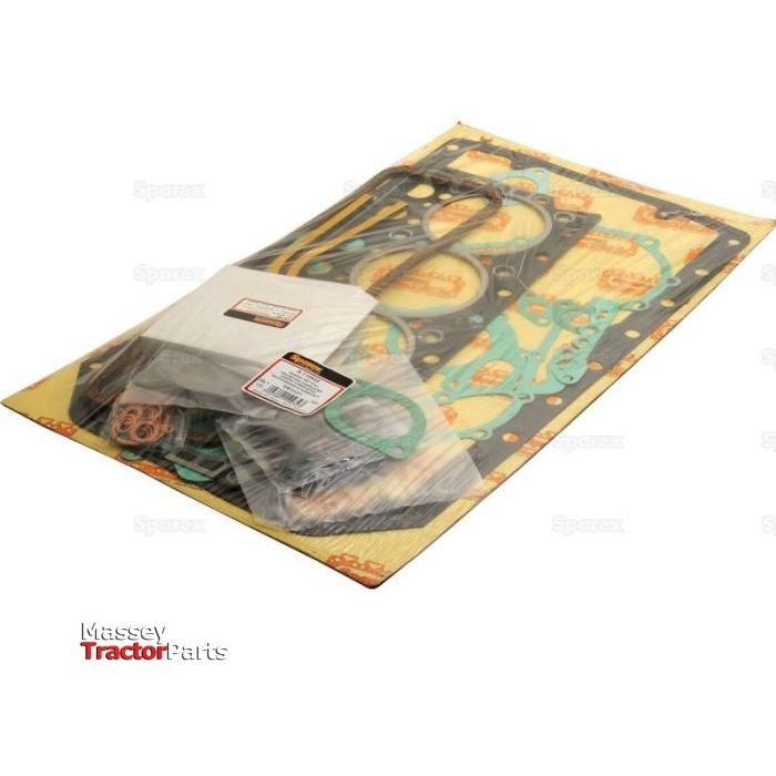A plastic bag labeled "Massey Tractor Parts" contains a Sparex Complete Gasket Set (411DS), including various tractor engine gaskets and seals organized in compartments, suitable for Sisu Diesel 411DS and Valmet & Valtra models, with Sparex Part No. S.110932.