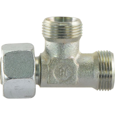 A metal T-shaped pipe connector with threaded ends and a hexagonal nut on one side, featuring a Sparex Compression Fitting - Ref. ELSD15L (Sparex Part No. S.139380), for secure connections.