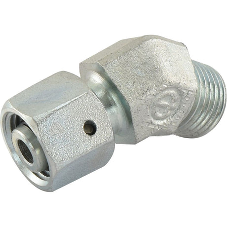 Close-up of a metal hydraulic fitting with a right-angle bend. This Compression Fitting - Ref. EVSD10L (Sparex Part No.S.139393) features threaded connections on both ends.