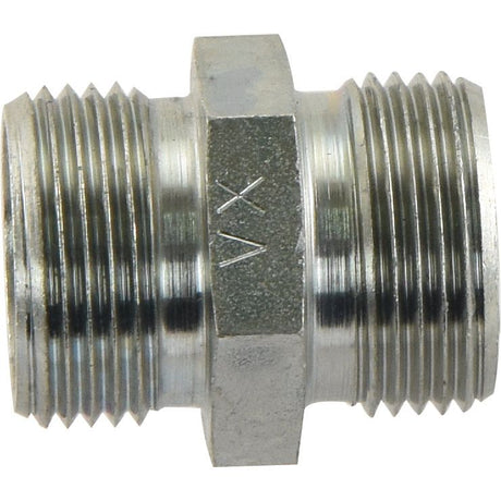 A close-up of a Sparex Compression Fitting - Ref. GS15L (Sparex Part No. S.139426) with threaded ends on both sides and a hexagonal section in the middle.