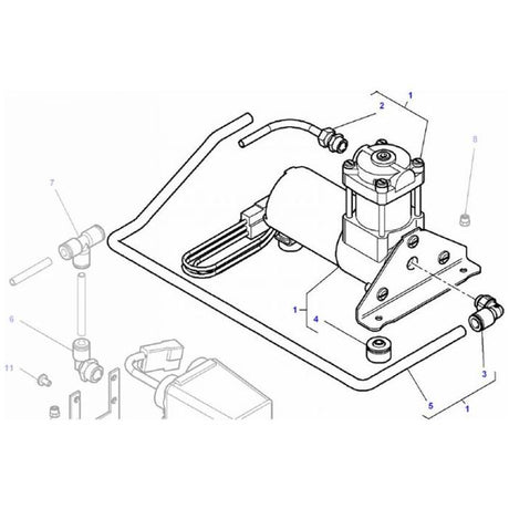 Diagram of a mechanical assembly, showing labeled components including a pump, mounting brackets, hoses, and various fasteners. Each part is numbered for reference. Suitable for Massey Ferguson 6400 Series and 7400 Series models. Product: Massey Ferguson - Compressor Cab Suspension - 4275812M93 by AGCO.