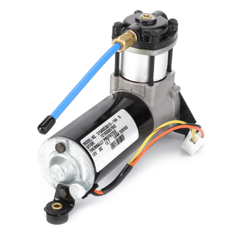 AGCO's Massey Ferguson - Compressor Cab Suspension - 4275812M93 features a motor assembly with wires and a label, along with blue tubing and black cylindrical components, designed for compatibility with Massey Ferguson 6400 Series and 7400 Series tractors.