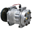 A metallic automotive air conditioning compressor, the Compressor (SD7H15) - S.106724 from Sparex, with visible bolts, wiring, and mounting brackets. Suitable for various vehicle models, ensuring efficient cooling performance. For more details, reference the manufacturer information provided.