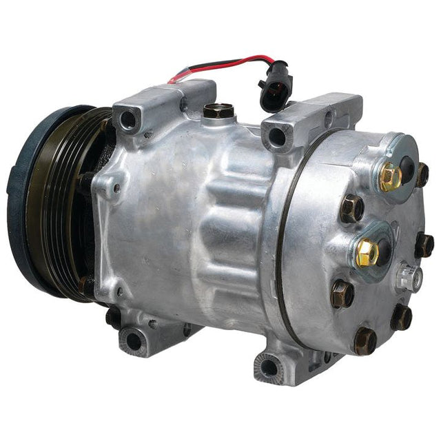 A metallic automotive air conditioning compressor, the Compressor (SD7H15) - S.106724 from Sparex, with visible bolts, wiring, and mounting brackets. Suitable for various vehicle models, ensuring efficient cooling performance. For more details, reference the manufacturer information provided.