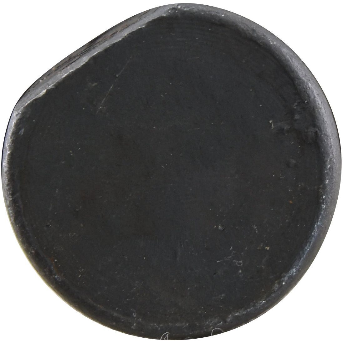 A round, black object with a slight chip, possibly a coin or disc, against a plain background, resembling the timeless durability of Sparex craftsmanship found in the Conical Head Bolt 1 Flat with Nut (TC1M), Size: 16 x 50mm.