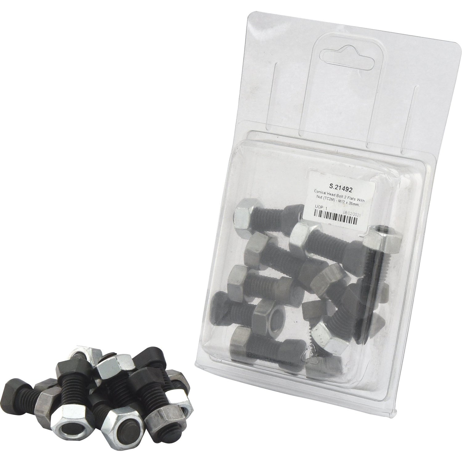 A pack of Sparex Conical Head Bolt 2 Flats With Nut (TC2M) - M12x35mm, with a tensile strength of 12.9 (10 pcs. Agripak), for Part No.S.21492; some are inside clear plastic packaging, while others are scattered outside of it.