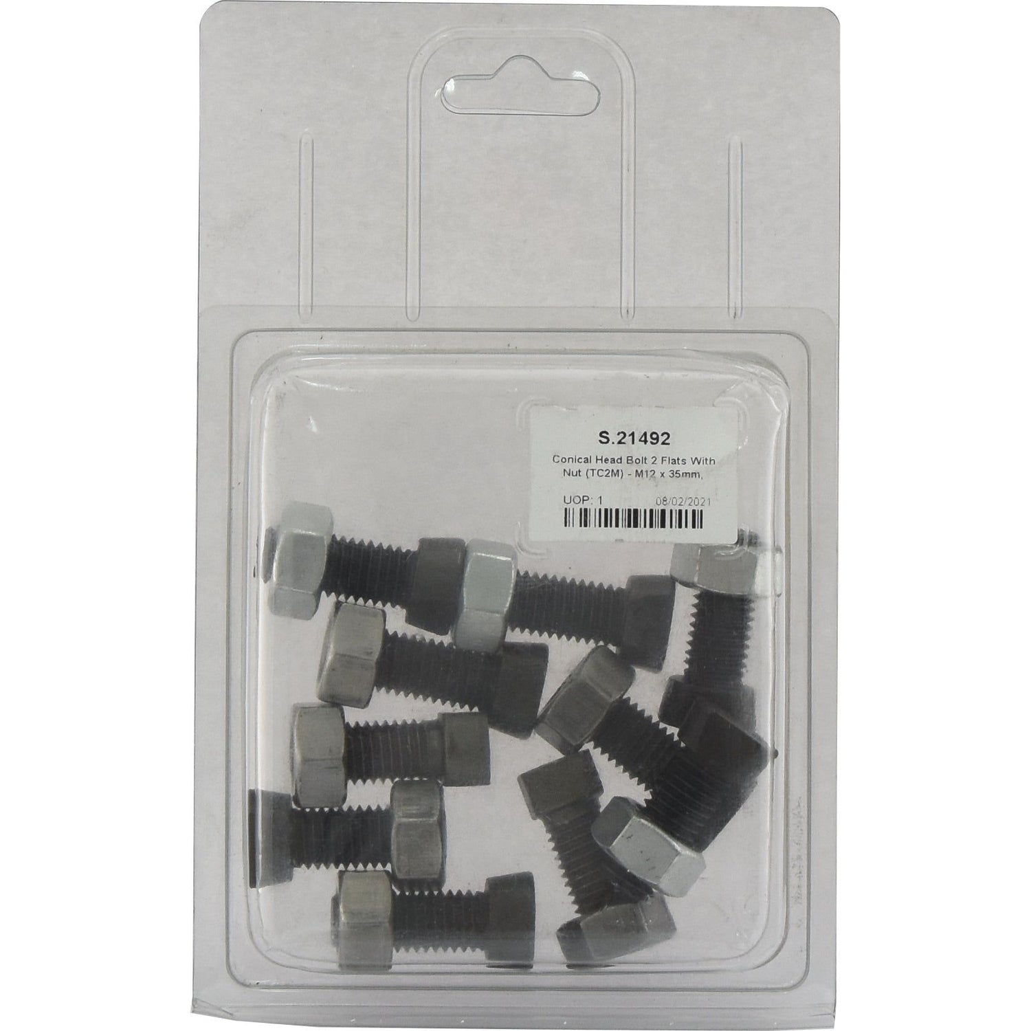 A plastic package containing several black and silver bolts with nuts. The label reads "Sparex S.21492 Conical Head Bolt 2 Flats With Nut (TC2M) M12x35mm (10 pcs. Agripak)". Packaged for retail sale, these high-quality bolts boast a tensile strength of 12.9 for superior performance.