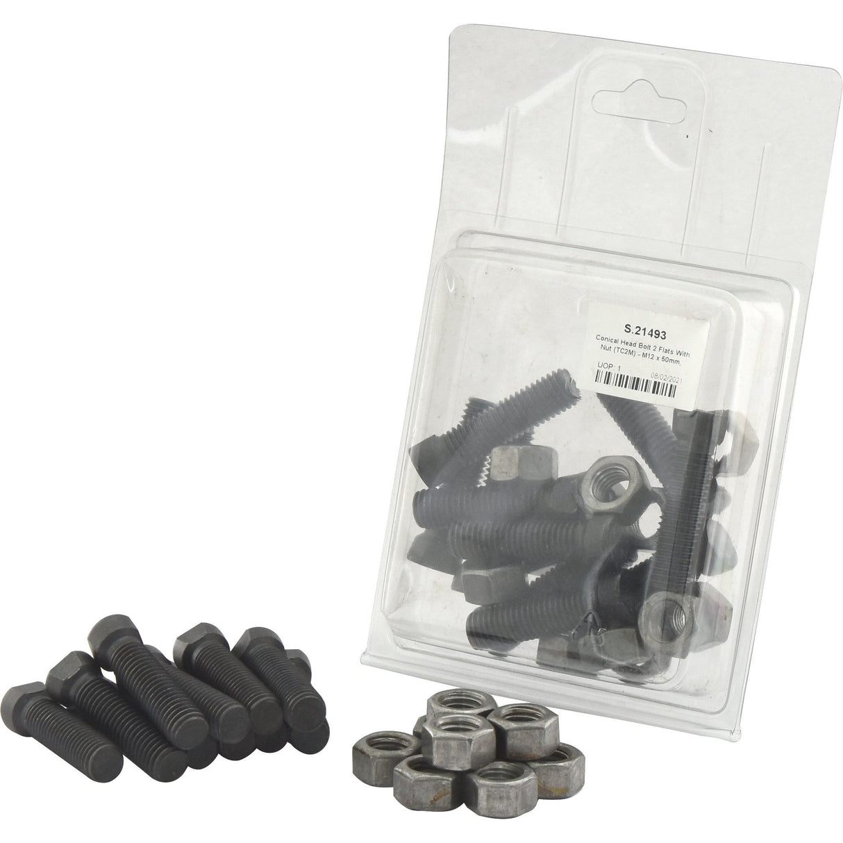 A package of Sparex Conical Head Bolt 2 Flats With Nut (TC2M) includes M12x50mm bolts with a tensile strength of 12.9 (10 pcs. Agripak), with additional loose pieces placed in front of the package, marked as Sparex Part No.S.21493.