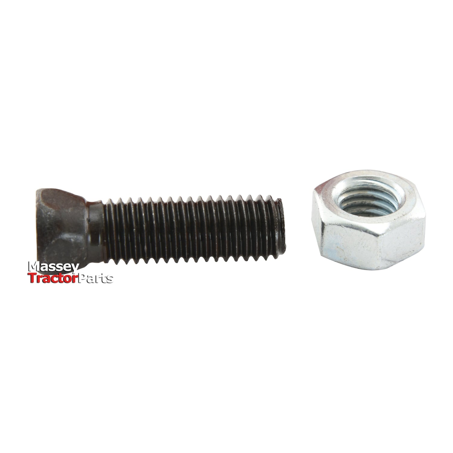 A close-up of a Conical Head Bolt 4 Flats With Nut (TC4M) - M12 x 32mm with a tensile strength of 10.9 in black, paired with a silver hex nut, set against a white background. Text reads "Massey Tractor Parts, Sparex Part No.S.78753.