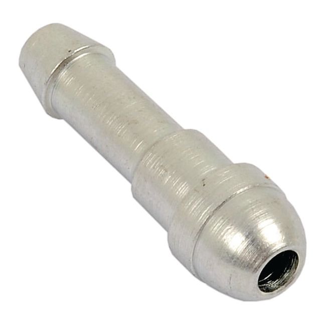The Sparex Conical Hose Connector, Sparex Part No. S.31282, is metallic and cylindrical with a conical design and features a narrower end with a ridged mid-section. It is perfect for sealing or joining hoses with a nominal I/D DN04 or an inner Ø of 5.5mm.