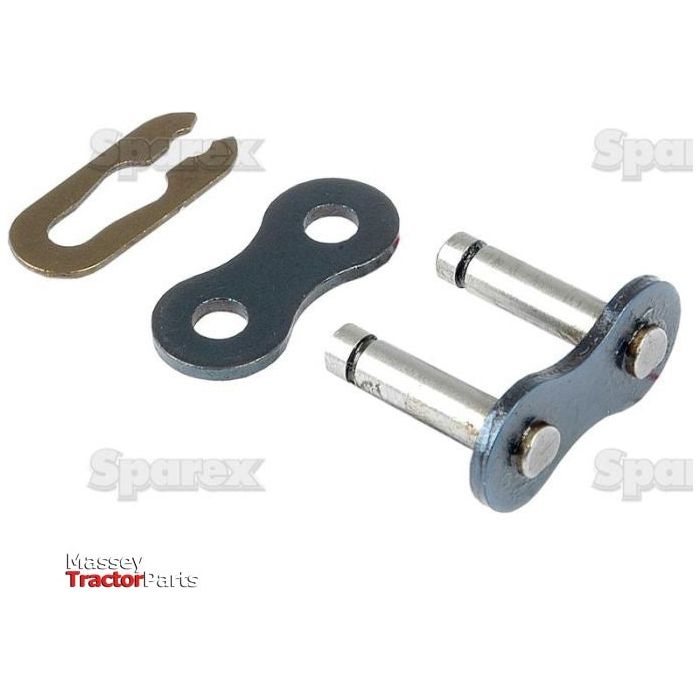 The Connecting Link, Simplex, 40-1 (Sparex Part No. S.27297) is a versatile metal chain link connector set that includes a master link clip, a link plate with two holes, and a pin link with two protruding pins. Featuring the Massey Tractor Parts and Sparex logos in the image, this product is ideal for simplex roller chains and fits perfectly with 1/2'' x 5/16'' chains.