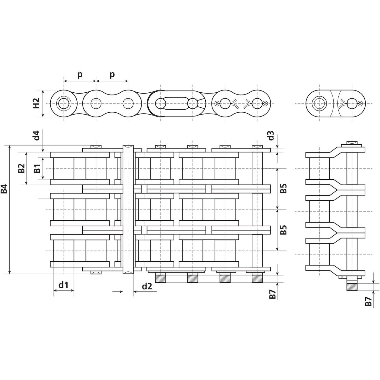 Technical drawing of a Connecting Link, Triplex, 08B-3 (Sparex Part No. S.37482), displaying various views, dimensions, and components such as rollers, links, and pins.