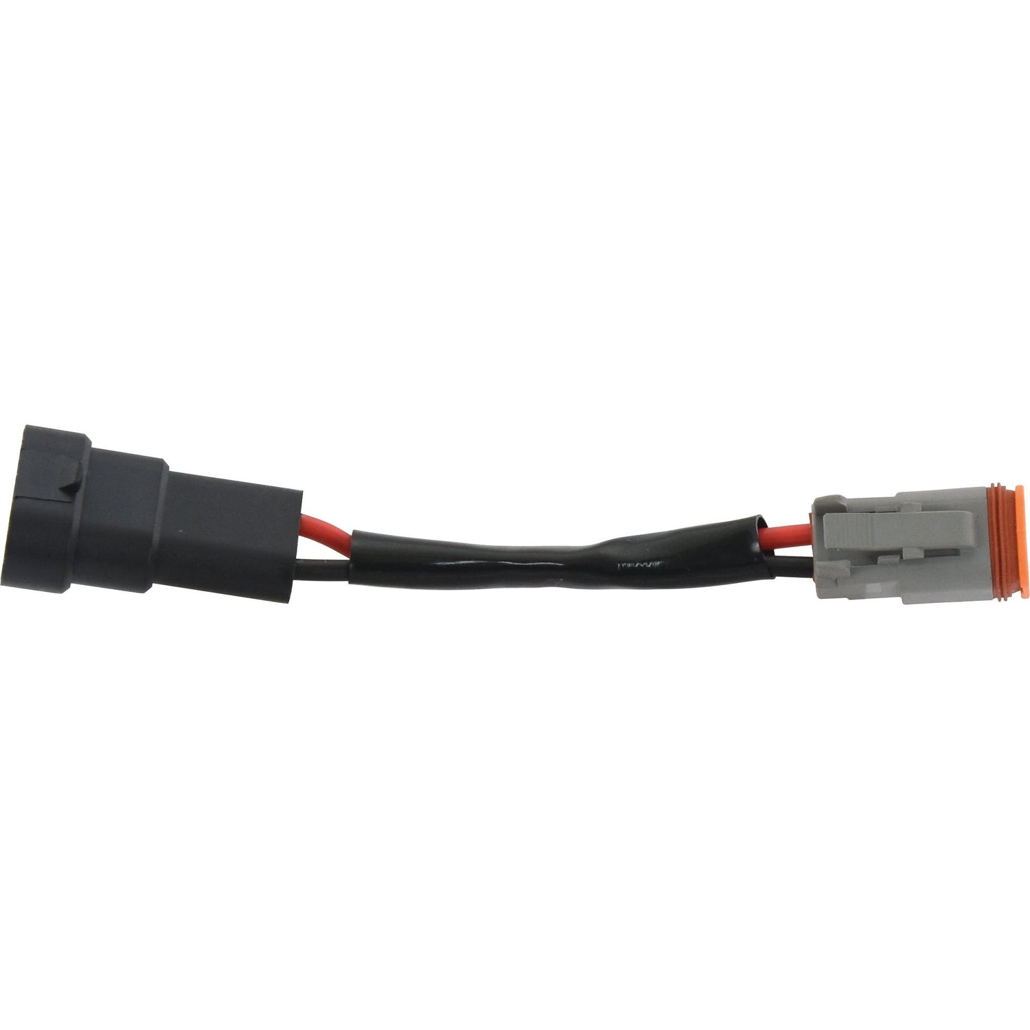Close-up image of the Connector Deutsch DT HB3 - 140mm (Sparex Part No. S.149145) electrical connector from Sparex, featuring two ends—one black and one gray—joined by a short length of red and black wiring, measuring 140mm.