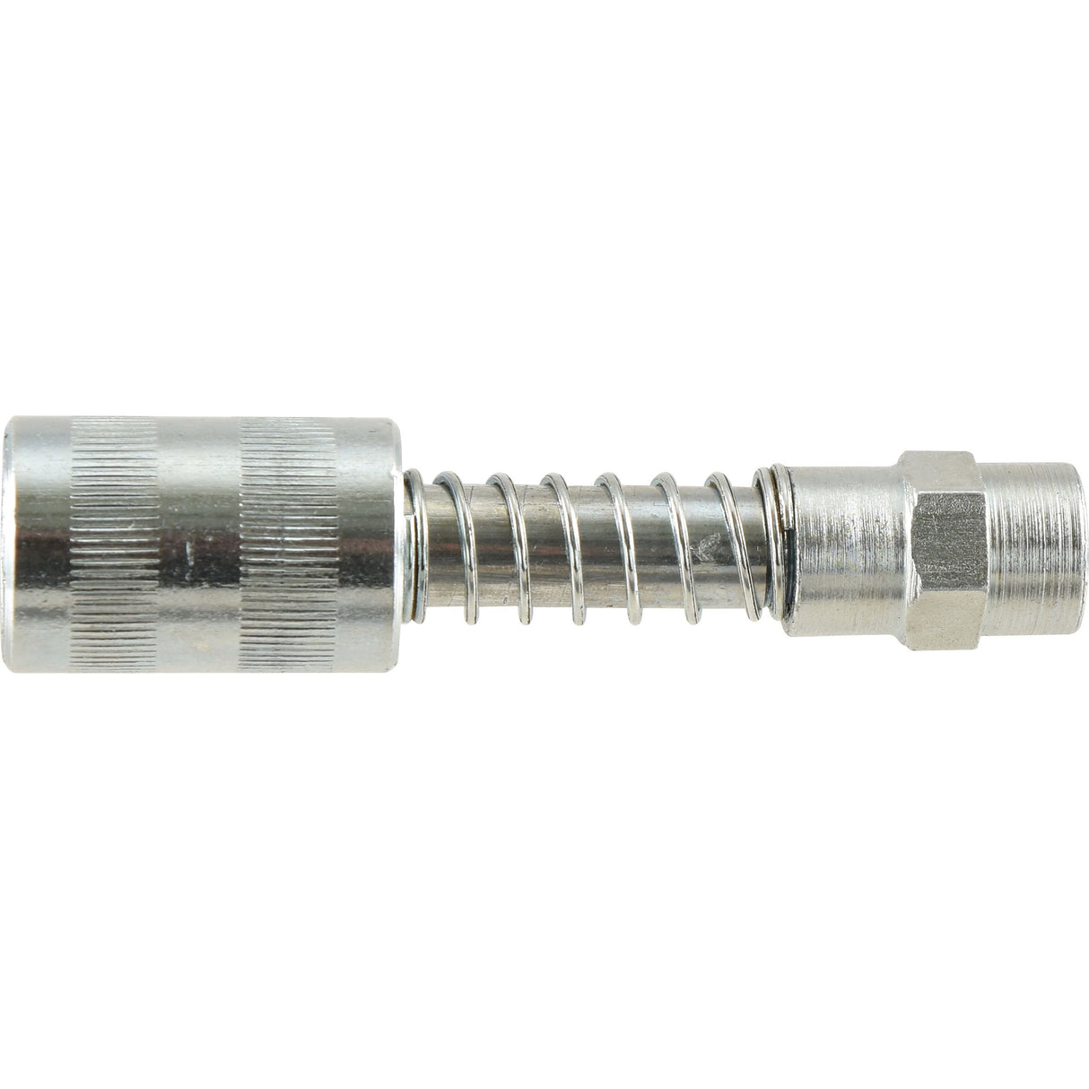 The Sparex Grease Gun Coupler 1/8'' - Snap on (Part No. S.155411) features a knurled section, a spring mechanism, and a male threaded end, making it ideal for use with flexible hoses.
