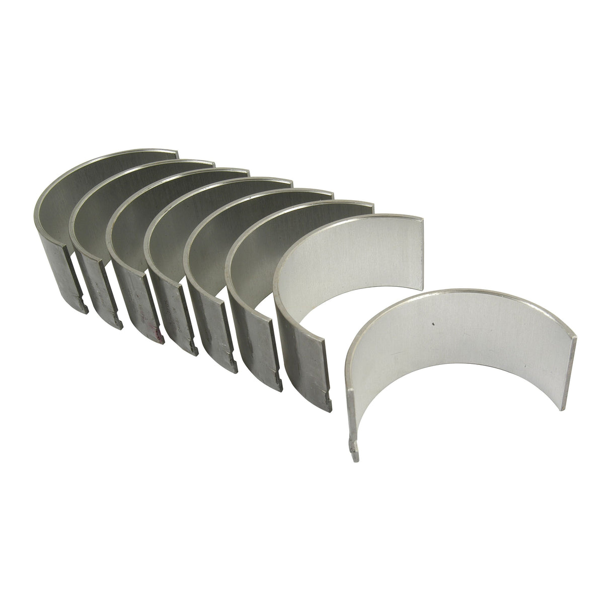 A set of six Sparex Conrod Bearings (+0.010'' / 0.25mm), arranged in a row and compatible with Massey Ferguson and Perkins machinery, Part No. S.42923.