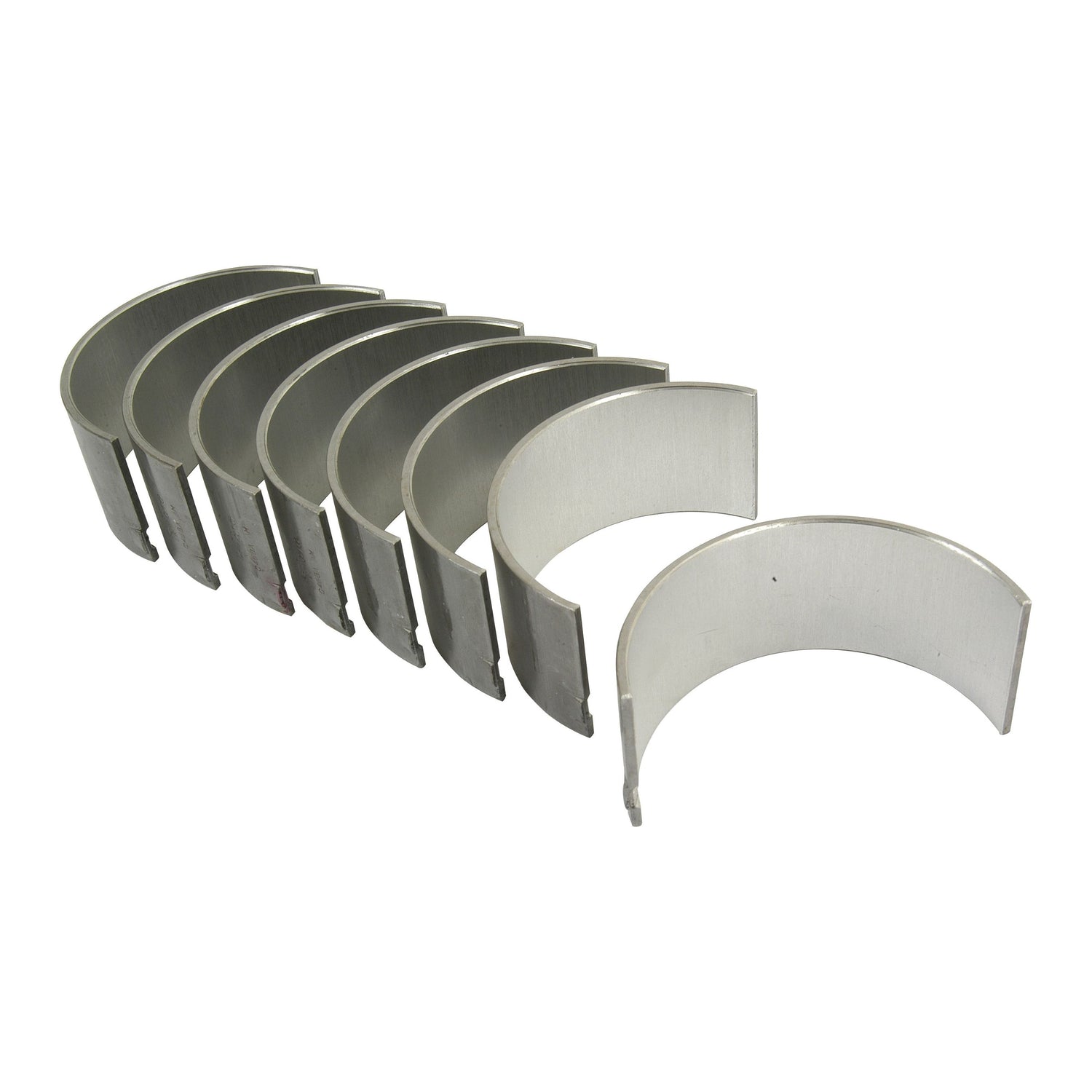 A set of eight semi-circular, metal shell Conrod Bearings with a smooth, shiny surface, each designed for Perkins engines or Massey Ferguson tractors. This Sparex Part No. S.42923 set is perfect for your needs and available through Sparex.