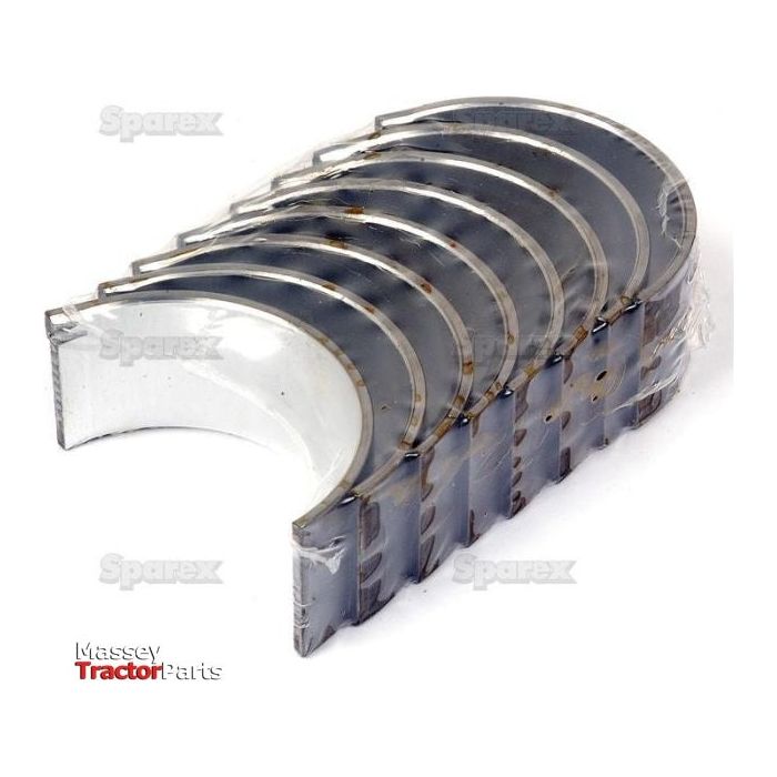 A set of six curved, metallic engine bearings, arranged in a semi-circular pattern on a white background, labeled as Conrod Bearing +0.020'' (0.50mm) Set by Sparex (Part No.S.42361).