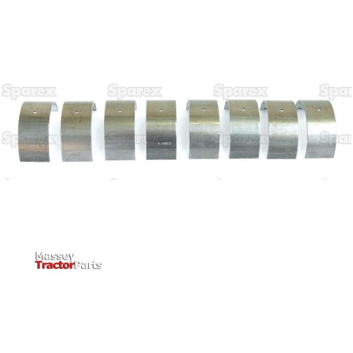 A row of eight Conrod Bearing +0.020'' (0.50mm) Sets from Sparex, Part No.S.42500, lined up with the Massey Ferguson Tractor Parts logo displayed in the bottom left corner.