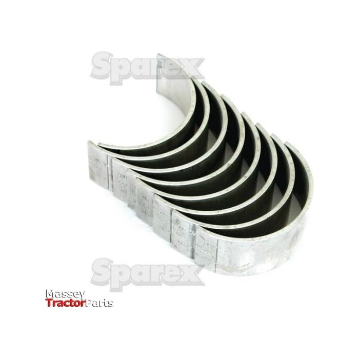 A set of engine bearing shells is displayed in an arch formation. The image features the "Sparex" and "Massey Tractor Parts" logos, showcasing premium Conrod Bearing +0.020'' (0.50mm) Set (Sparex Part No.S.66074) compatible with Ford / New Holland models.