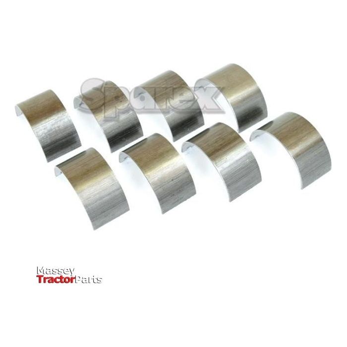 A set of eight semi-cylindrical metallic engine bearings arranged in two rows on a white background. Text reads "Sparex", "Massey Tractor Parts", and "Ford / New Holland". Conrod Bearing +0.040'' (1mm) Set | Sparex Part No.S.65193.
