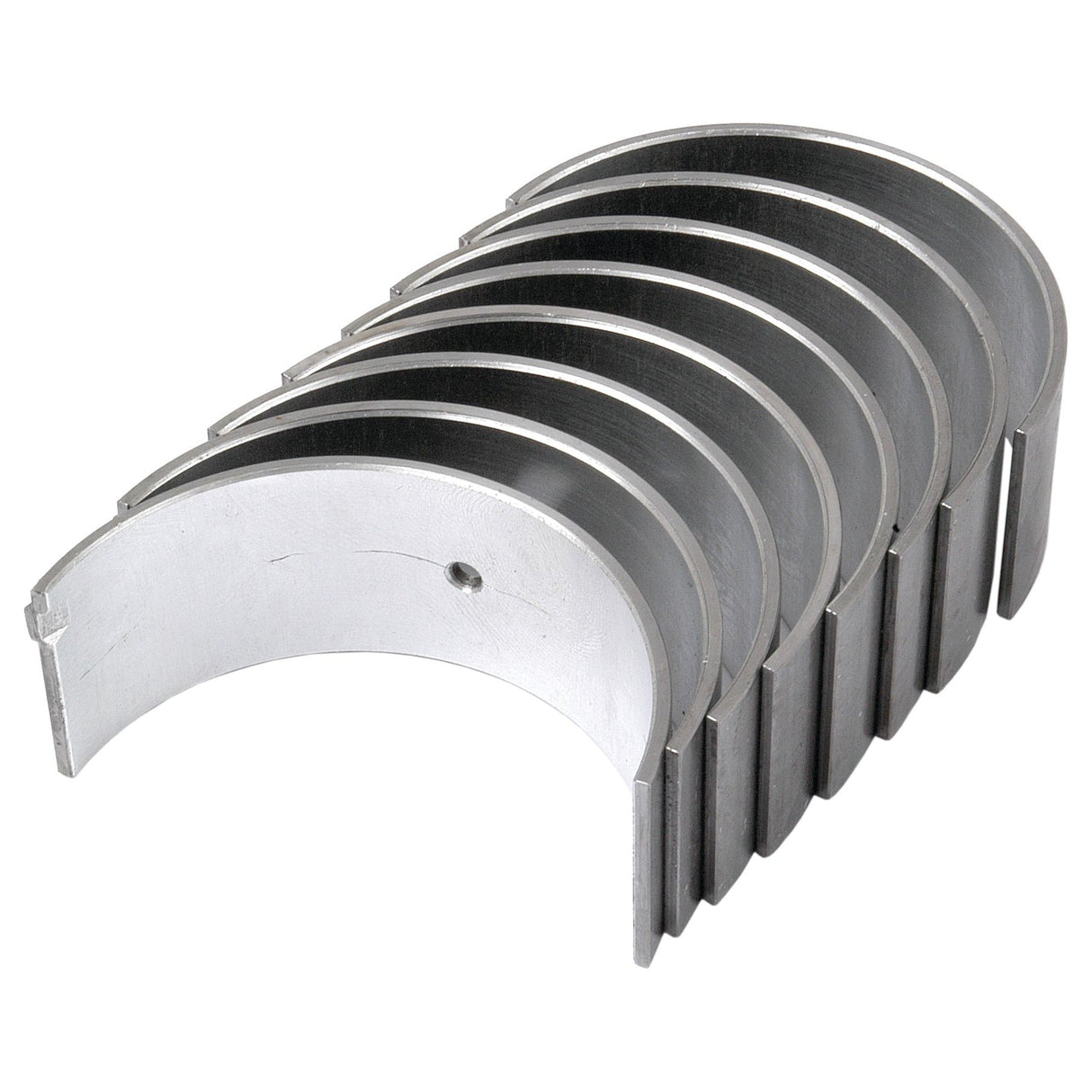 A set of eight metal engine bearings, arranged in a stack with a curved shape and smooth surfaces, compatible with Massey Ferguson and Landini machinery. The product is a Conrod Bearing Std. Set (Sparex Part No.S.42366) by Sparex.
