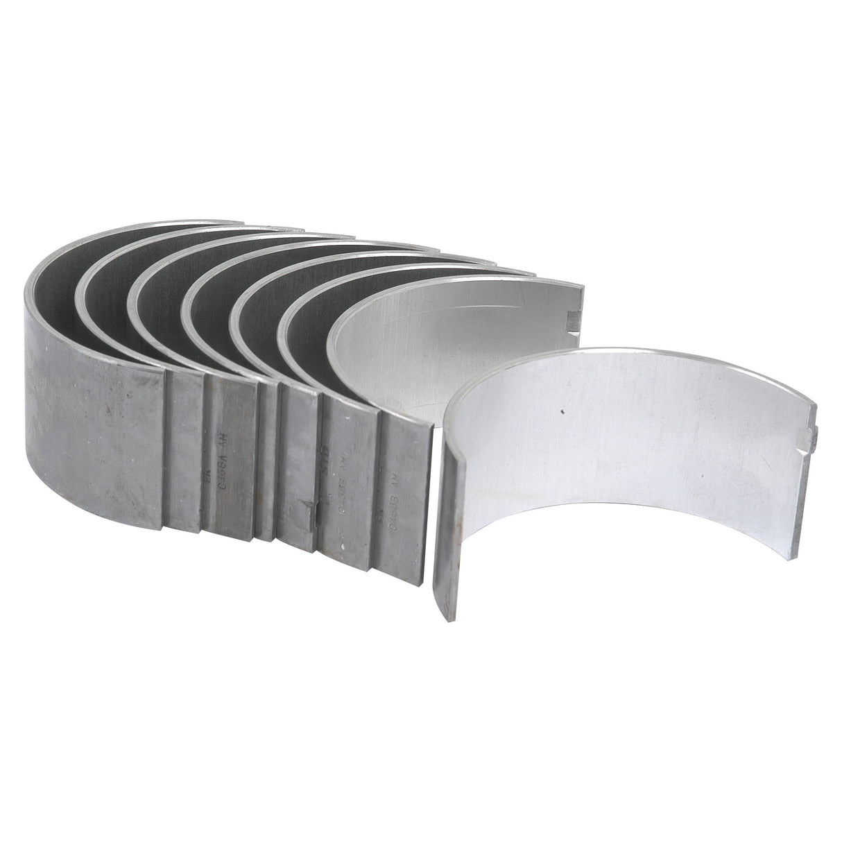 A Conrod Bearing Std. Set from the Sparex brand (Sparex Part No. S.42922), compatible with Perkins engines, arranged in a staggered stack, with one bearing placed separately in front.