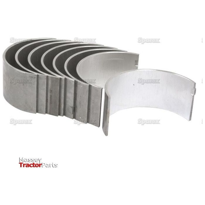 A set of eight curved metal engine bearings stacked in a row on a white background, each bearing stamped with the Sparex logo and featuring red and black "Massey Tractor Parts" text. The Conrod Bearing Std. Set (Sparex Part No. S.42922) is ideal for ensuring optimal performance in Perkins and Landini tractors.