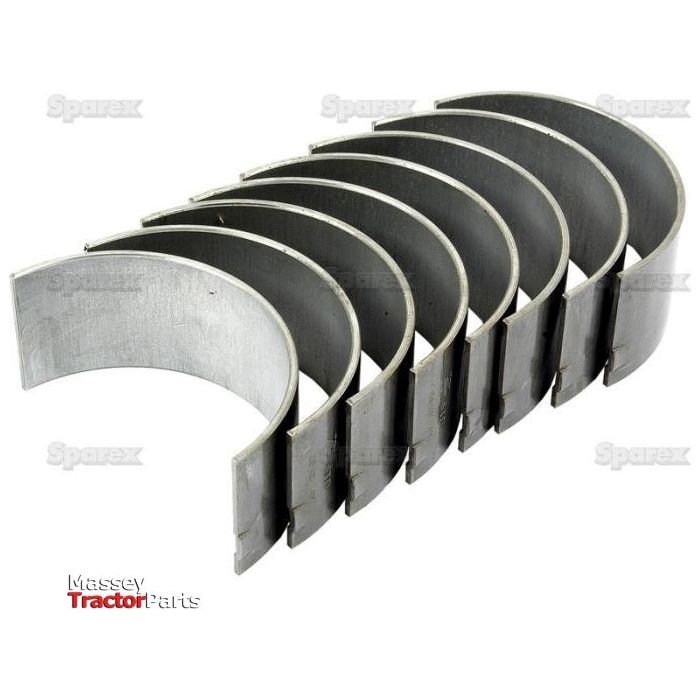 A set of eight shiny metal Conrod Bearing Std. Set - S.52617 shells, perfect for tractor tube repair, aligned in a row and labeled "Sparex" and "Massey Tractor Parts.