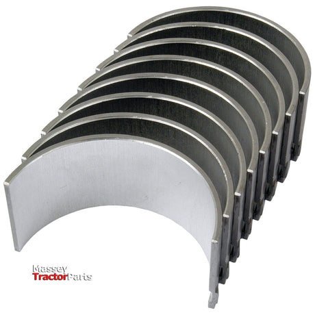 A set of eight semi-circular metal bearings arranged in a row, branded with the "Sparex" logo in the bottom left corner. Suitable for Early Type Ford New Holland models. Product: Conrod Bearing Std. Set | Sparex Part No.S.65199