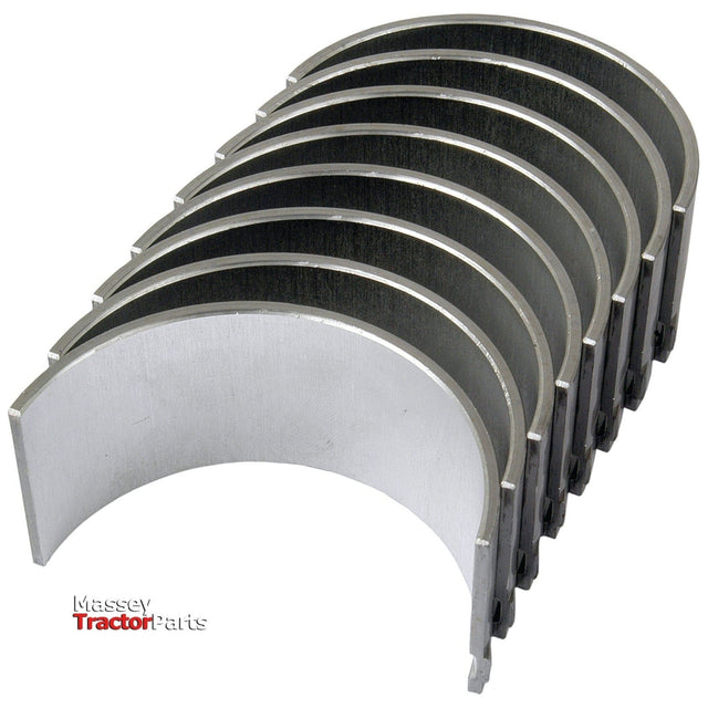 A set of eight semi-circular metal bearings arranged in a row, branded with the "Sparex" logo in the bottom left corner. Suitable for Early Type Ford New Holland models. Product: Conrod Bearing Std. Set | Sparex Part No.S.65199