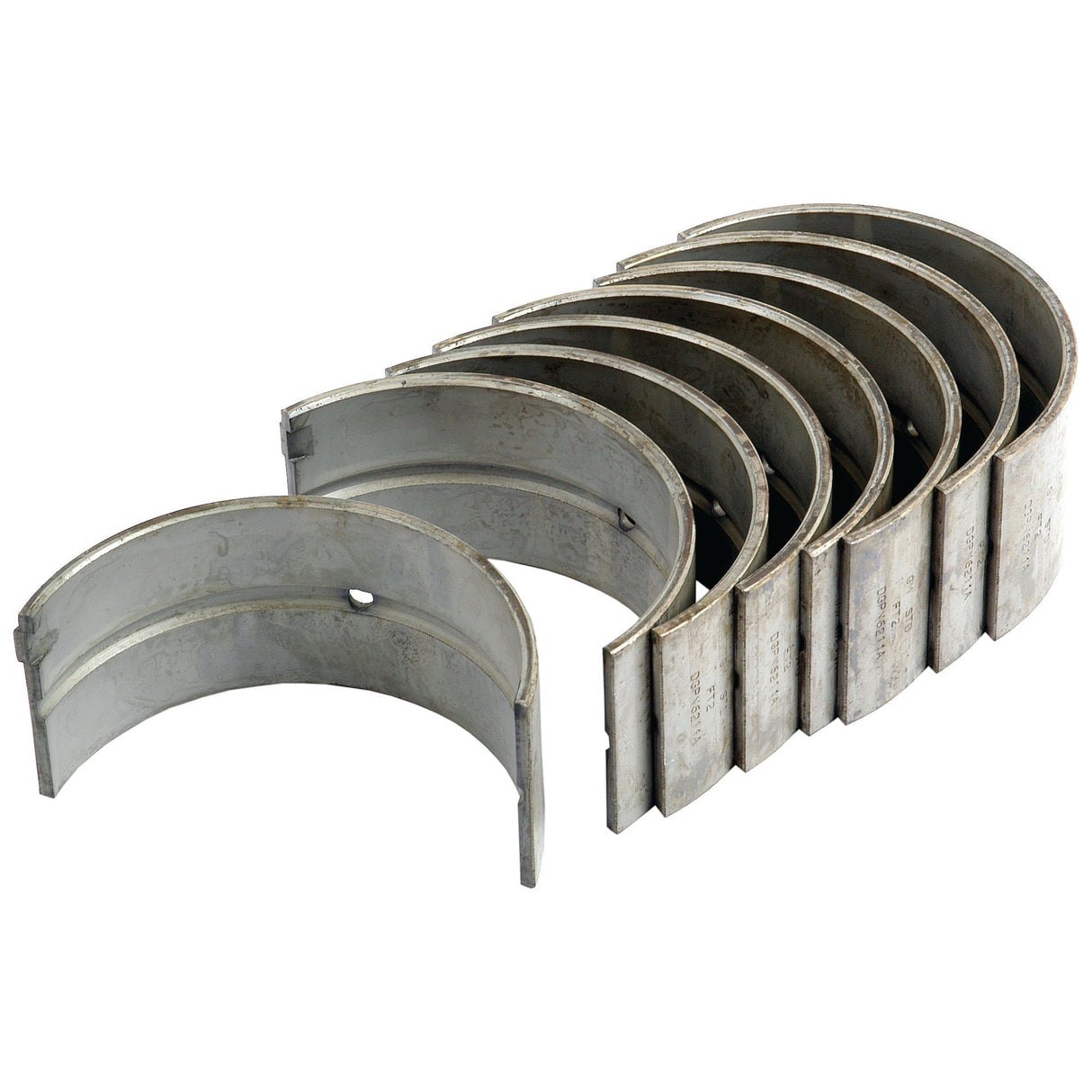 The Conrod Bearing Std. Set (Sparex Part No.S.65204) consists of metallic engine bearings arranged in a semi-circular formation, designed to reduce friction between moving parts in automotive engines, and is compatible with brands such as Case IH and Ford/New Holland.