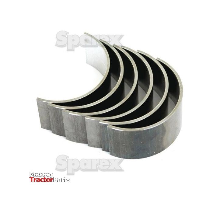 A set of five Conrod Bearing Std. Sets (Sparex Part No.S.65194), arranged in a semi-circular stack, is perfect for early type 36mm applications. The background features the text "Sparex" and "Massey Tractor Parts." These bearings are suitable for Ford New Holland models.