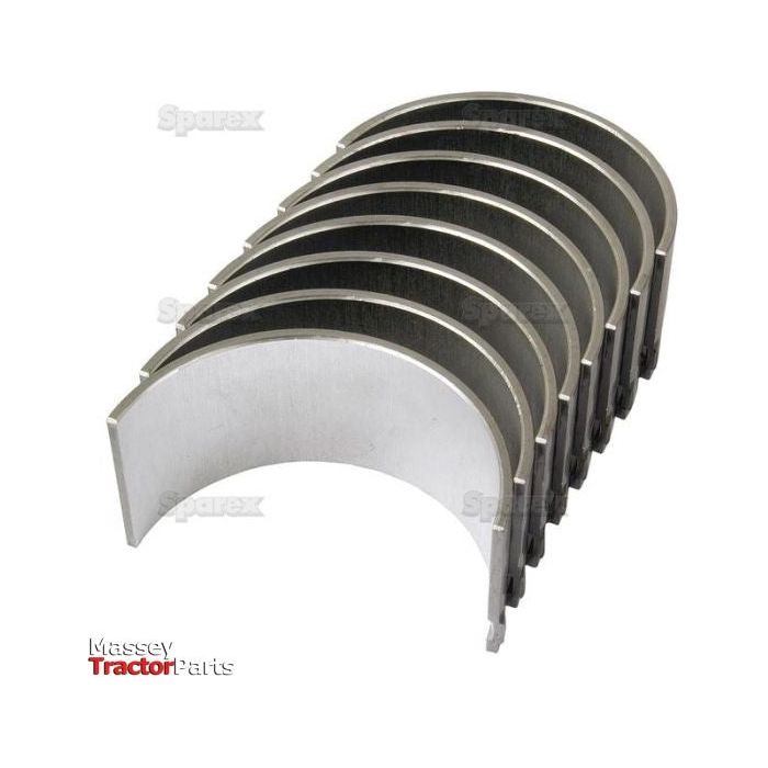 A set of eight semi-circular engine bearings arranged in a staggered stack, with the text "Sparex" and "Conrod Bearing Std. Set | Sparex Part No.S.65199" visible in the background, suitable for an early type Ford New Holland model.