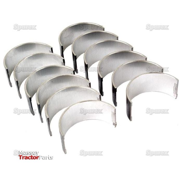 Silver, curved metal components, specifically Conrod Bearing +0.010'' (0.25mm) sets from Sparex (Part No. S.57647), are arranged in rows against a white background. They appear to be designed for International Harvester machinery.