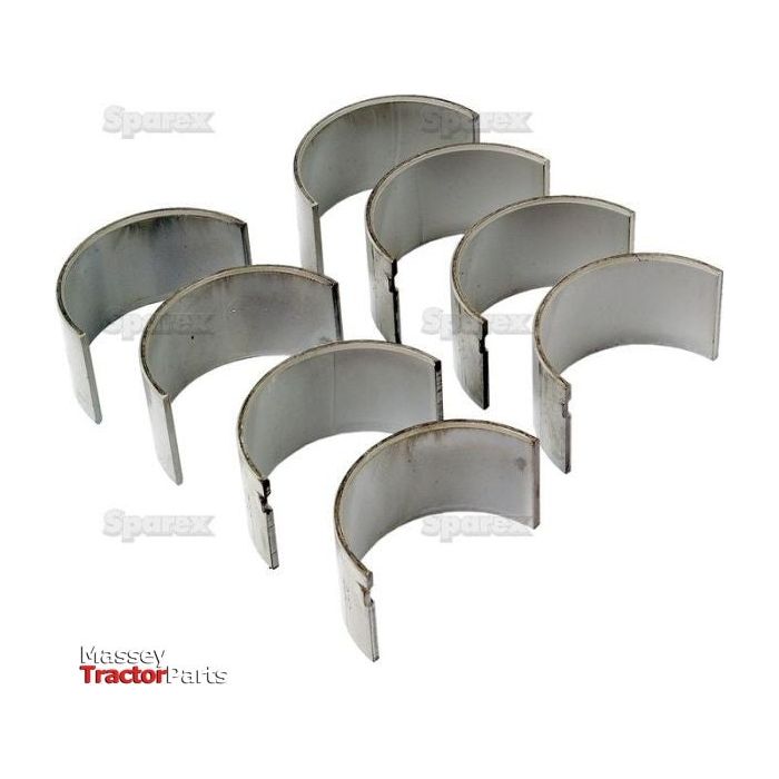 Eight curved metallic components arranged in three rows on a white background. The text "Massey Tractor Parts," "Sparex," and "International Harvester" is visible on the image. The product is identified as Conrod Bearing +0.030'' (0.75mm) Set, Sparex Part No.S.57653 from the brand Sparex.